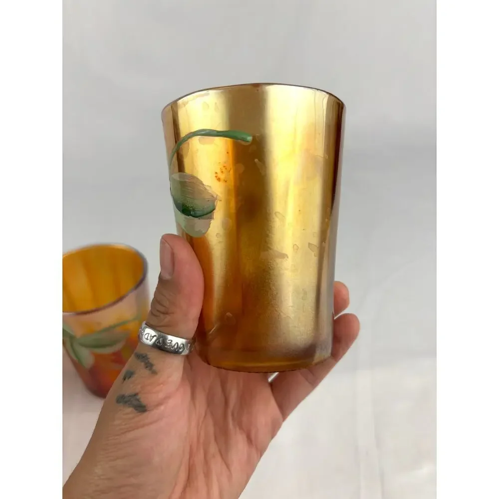 Lot of 4 Antique Fenton Enameled‎ Windflower Marigold Carnival Glass Tumblers